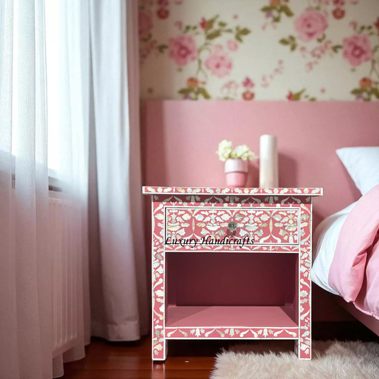 Elke MOP Inlay 1 Drawer Bedside Pink