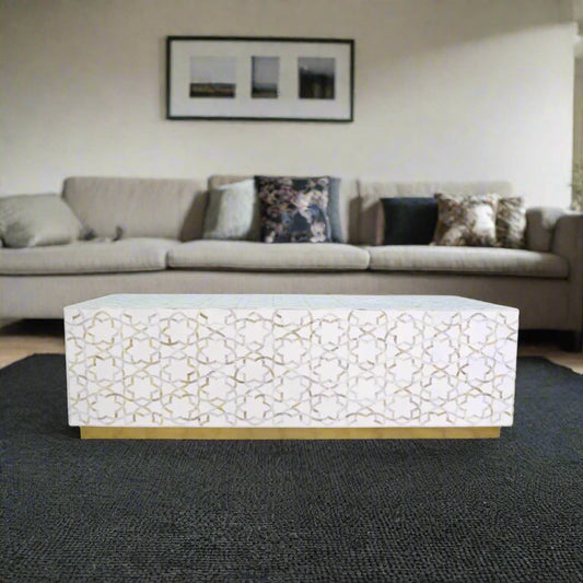 Fez Mother Of Pearl Inlay Rectangle Center Table White