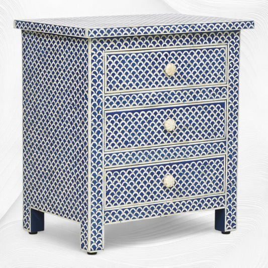 Fishscale Bone Inlay 3 Drawer Bedside Blue