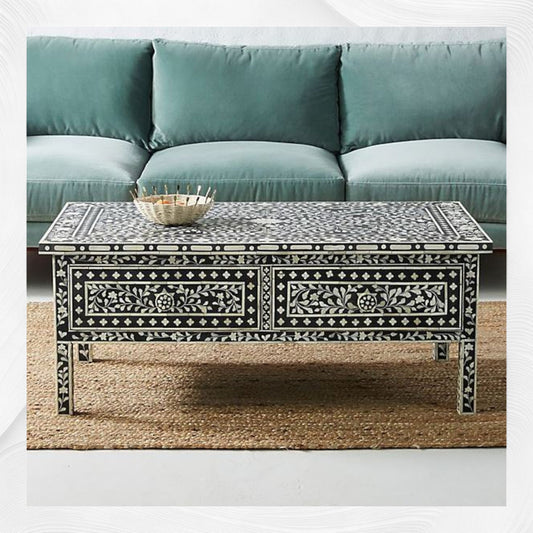 Floral Bone Inlay 2 Drawer Coffee Table Black | Coffee Table With Inlay