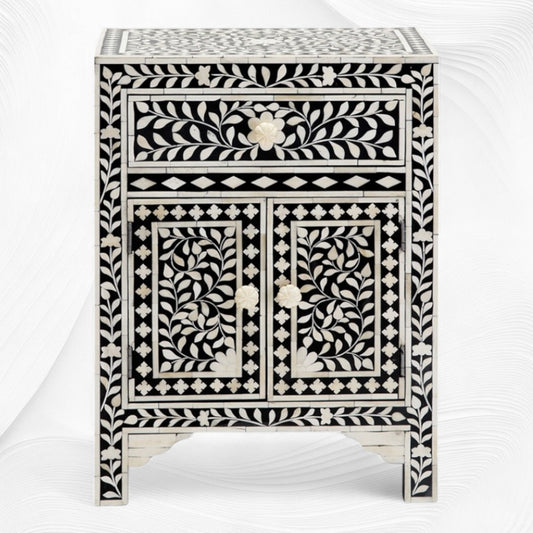 Floral Bone Inlay Bedside Black