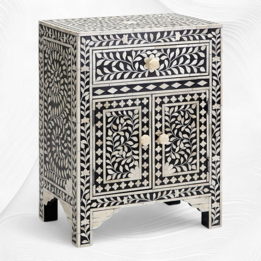 Floral Bone Inlay Bedside Black