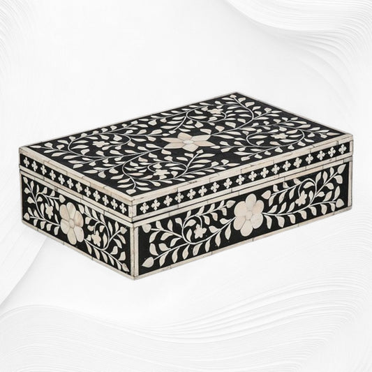 Floral Bone Inlay Box Black