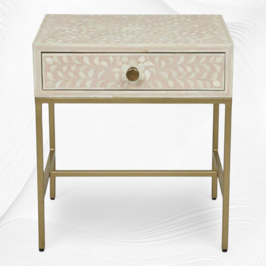 Floral Bone Inlay Nightstand 1 Drawer Pink