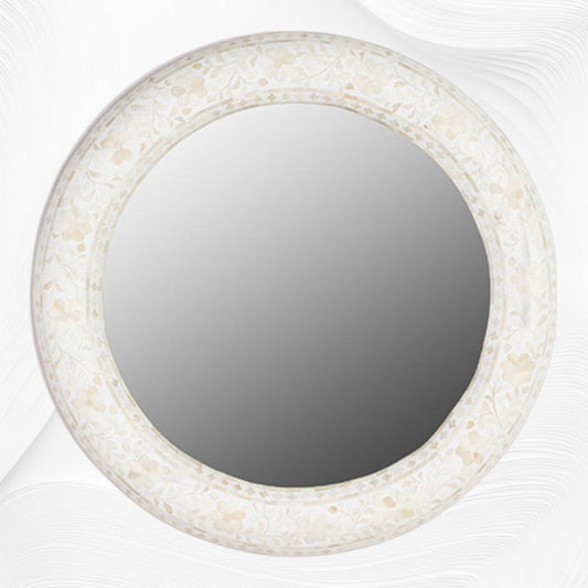 Floral Bone Inlay Round Mirror White