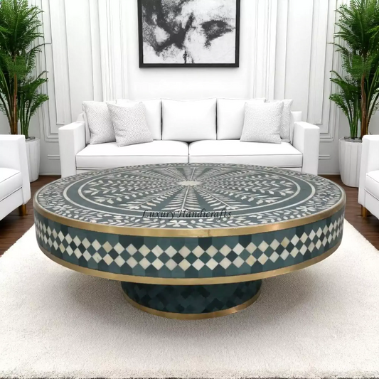 Floral Vines Bone Inlay Round Coffee Table Green