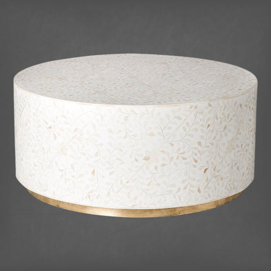 Floral White Bone Inlay Center Table With Brass