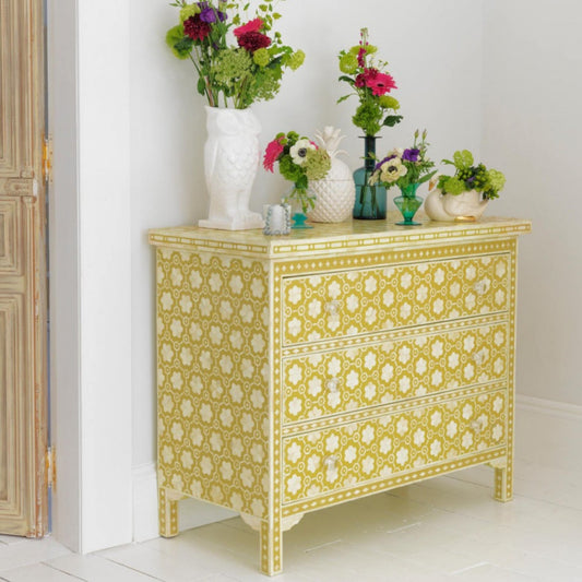 Flower Bone Inlay Chest of 3 Drawers Yellow