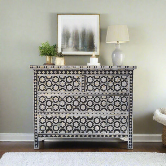 Flower Mother Of Pearl Inlay 4 Drawer Chest Black