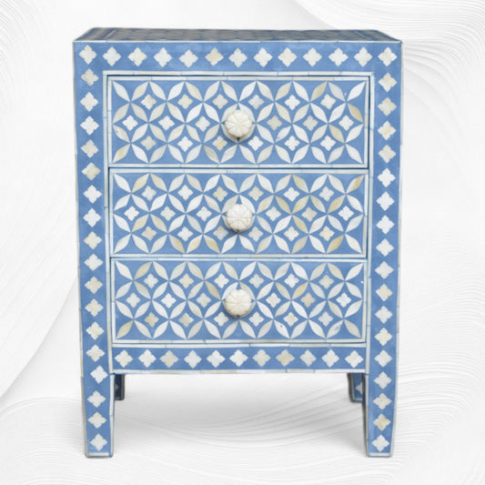 Geometric Bedside Bone Inlay 3 Drawer Blue