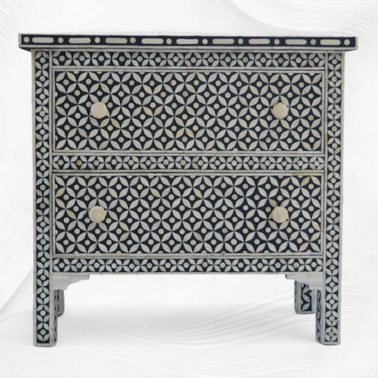 Geometric Bone Inlay 2 Drawer Bedside Large Black