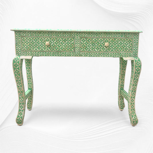 Geometric Bone Inlay 2 Drawer Curved Console Green