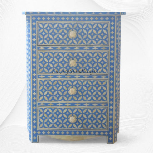 Geometric Bone Inlay 4 Drawer Bedside Blue | Blue Bedside Table