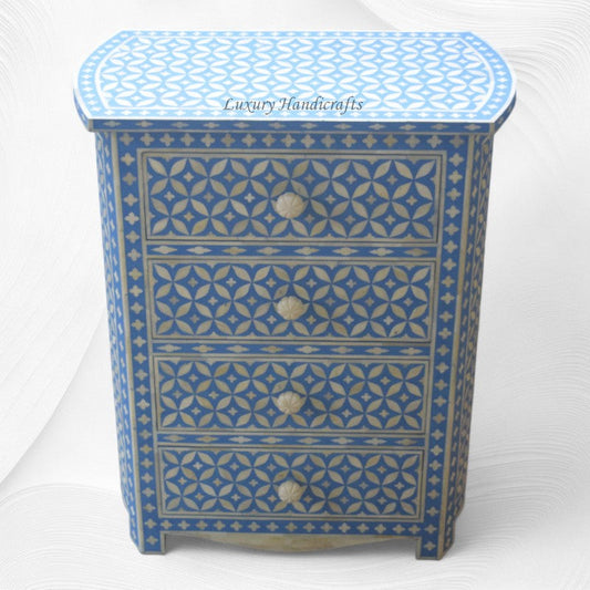 Geometric Bone Inlay 4 Drawer Bedside Blue | Blue Bedside Table
