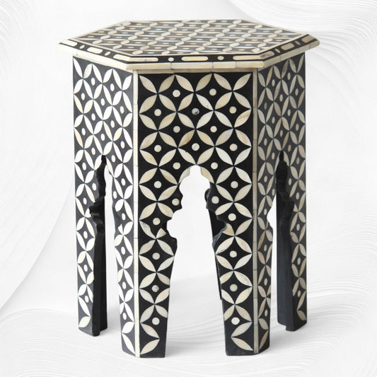 Geometric Bone Inlay Hexagonal Side Table Black
