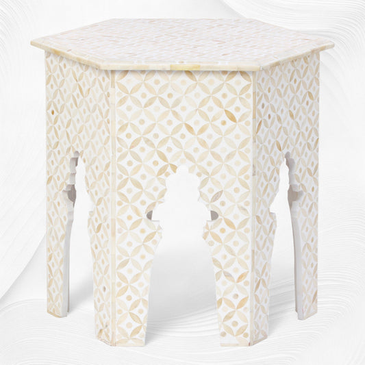 Geometric Bone Inlay Hexagonal Side Table White