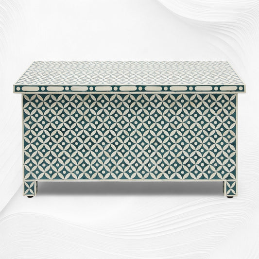 Geometric Bone Inlay Trunk Cum Coffee Table Dark Green