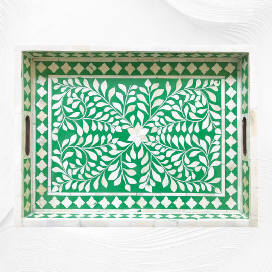Green Bone Inlaid Rectangular Tray Floral Design | Bone Inlay Serving Tray