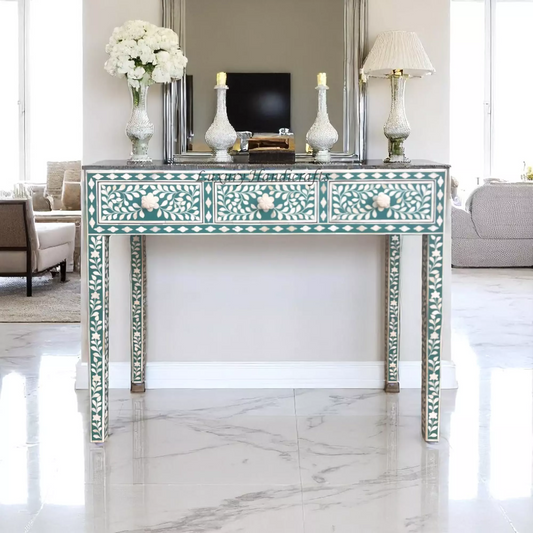 Green Bone Inlay Floral 3 Drawer Console