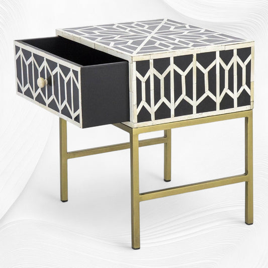 Hope Bone Inlay Bedside Black 1 Drawer | Bone Inlay Nightstand