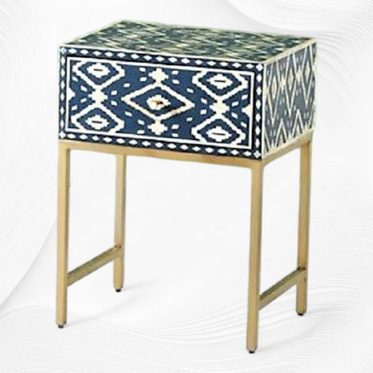 Ikat Bone Inlay Bedside 1 Drawer Indigo