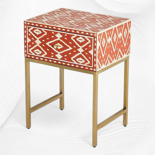 Ikat Bone Inlay Bedside 1 Drawer Orange