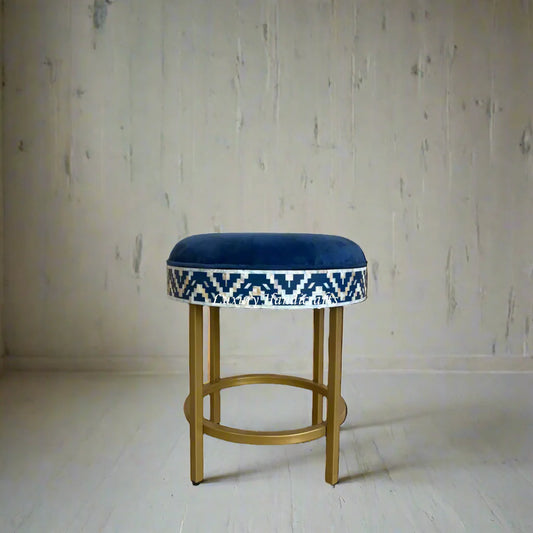 Ikat Mother of Pearl Inlay Round Stool Blue
