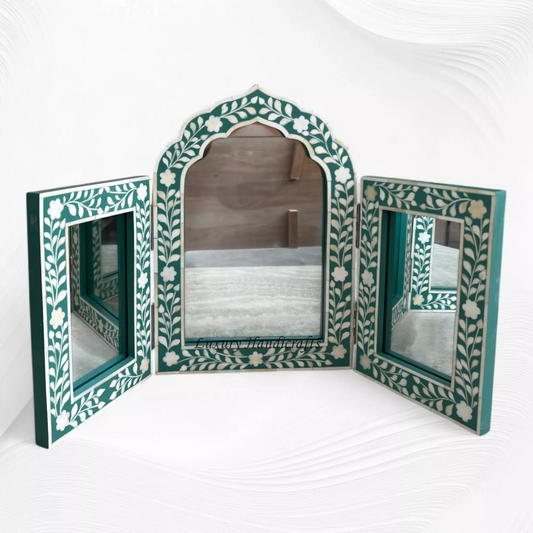 Isabelle Bone Inlay Floral Triple Mirror Green