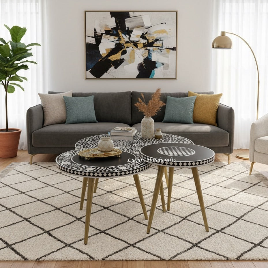 Modern living room with gray sofa, decorative pillows, and a coffee table.