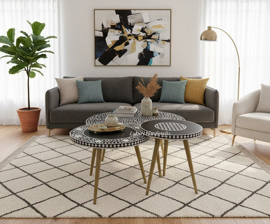 MOP Inlay Floral Nesting Table Set of 3 Black