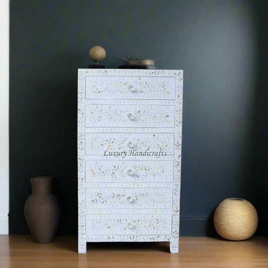 Mother Of Pearl Inlay 6 Drawer Tallboy White | White Mother Of Pearl Chest Of Drawers