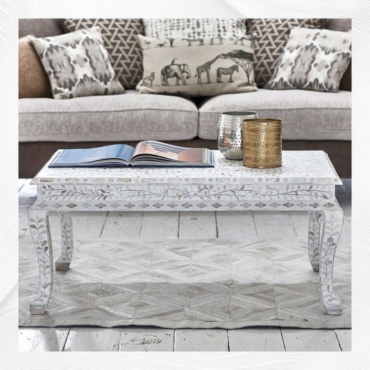 Mother of Pearl Inlay Floral Coffee Table White