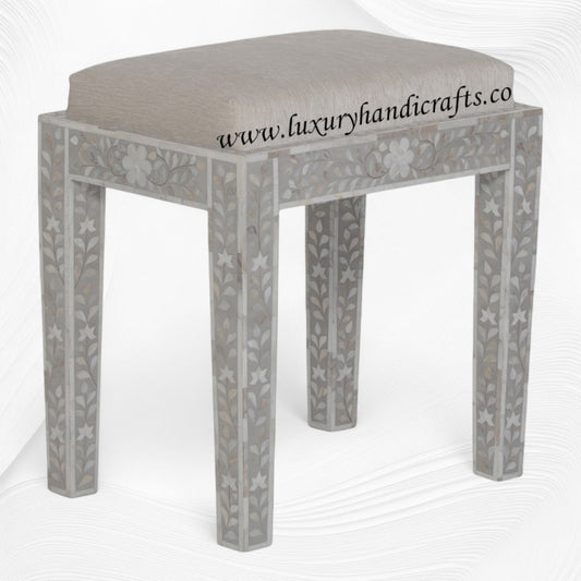 Mother Of Pearl Inlay Floral Stool Grey
