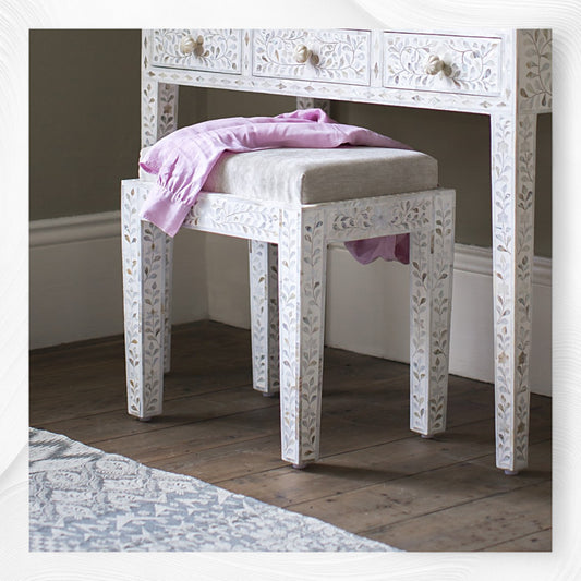 Mother Of Pearl Inlay Floral Stool White