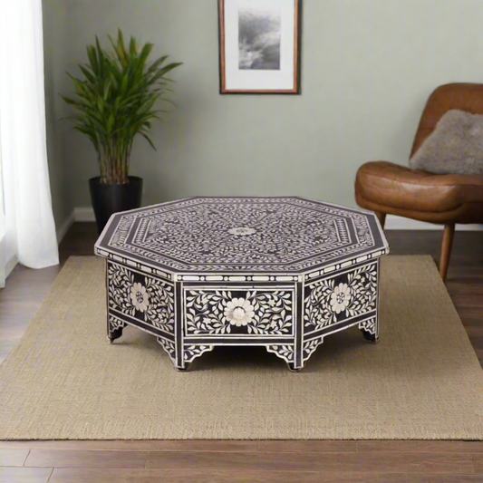 Octagonal Bone Inlay Floral Coffee Table Black With Drawer