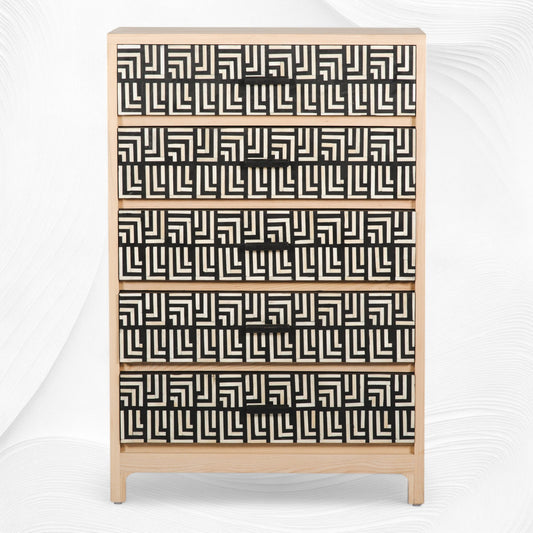 Pattern Bone Inlay 5 Drawer Chest Black