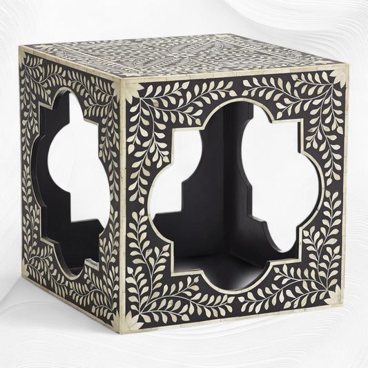 Quatrefoil Bone Inlay Side Table Black Floral