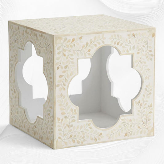 Quatrefoil Bone Inlay Side Table White Floral
