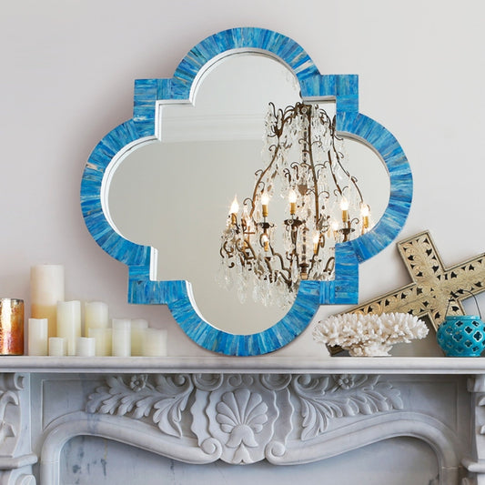 Quatrefoil Colored Bone Inlay Mirror Ocean Blue