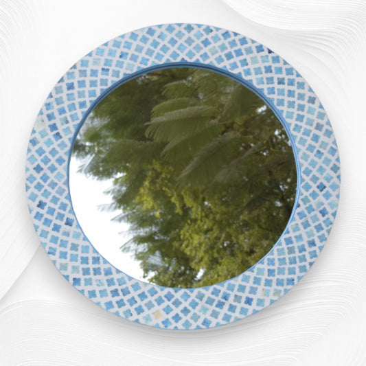 Quatrefoil Colored Bone Inlay Round Mirror Blue