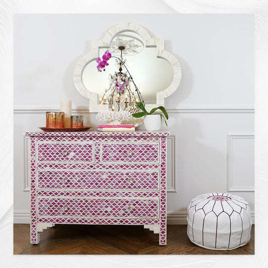 Quatrefoil Pink Colored Bone Inlay Chest of 4 Drawer