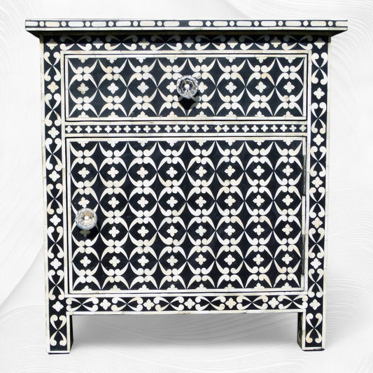 Quote Bone Inlay Bedside 1 Drawer 1 Door Black