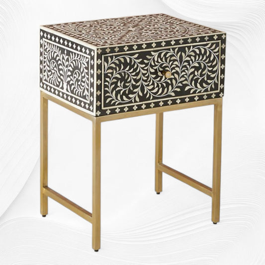 Scroll Vine Bone Inlay Nightstand Black
