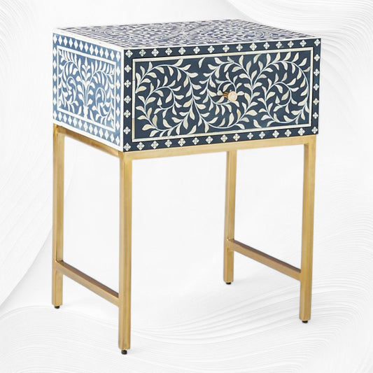 Scroll Vine Bone Inlay Nightstand Blue