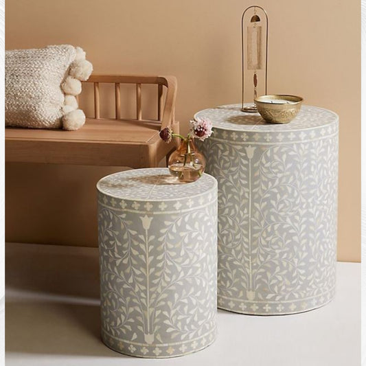 Scroll Vine Bone Inlay Side Table Dove Grey