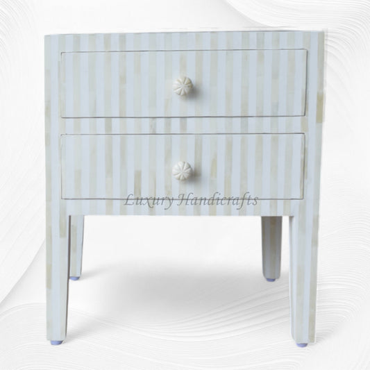 Stripe Bone Inlay 2 Drawer Bedside White