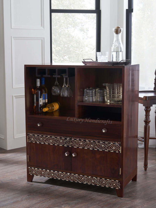 Teakwood Bone Inlay Bar Cabinet Walnut