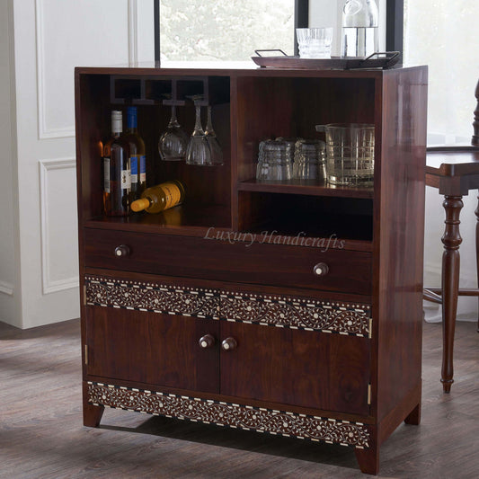 Teakwood Bone Inlay Bar Cabinet Walnut