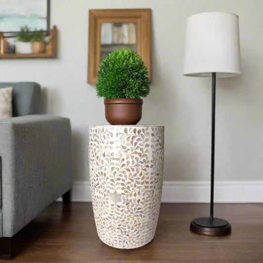 White Mother of Pearl Inlay Drum Floral Side Table