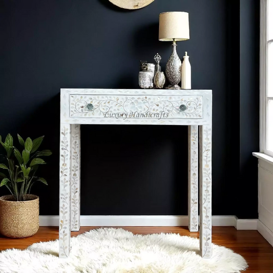 White Mother Of Pearl Inlay Floral 1 Drawer Console Table